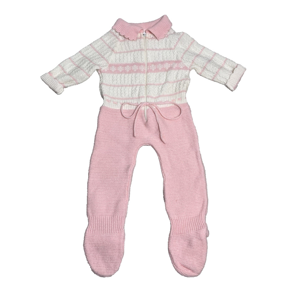 Vintage Pink White Knit Baby Sleeper Footed Zip Front Long Sleeve NO SIZE TAG